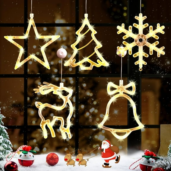 5pcs Christmas Window Decoration Lights, LED Battery Operated Silhouette Lights Bell-Tree-Deer-Snowflake-Star-Angel-Santa Claus-Snowman Shaped with Suction for Xmas Party Gift ( Without battery)
