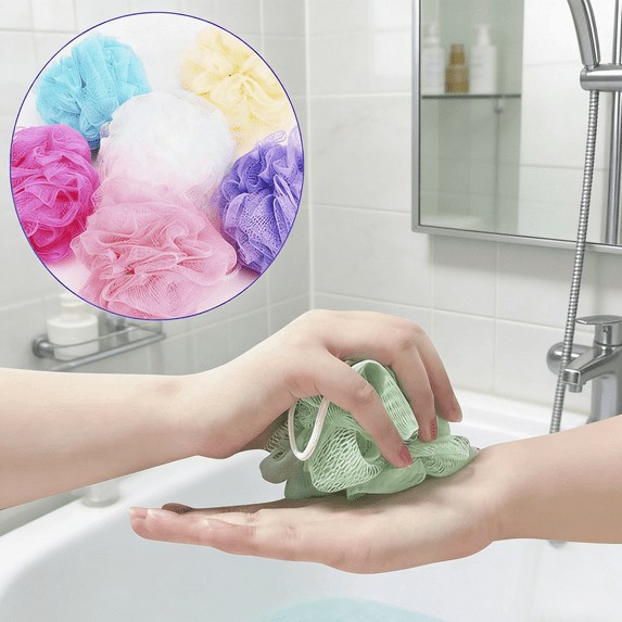 5pcs Colorful Nylon Bath Shower Puffs Random Color - Soft Exfoliating Sponge Mesh Balls, Durable Body Scrub Puffs for Home Bathroom Bathing Exfoliation & Skin Care, Colorful
