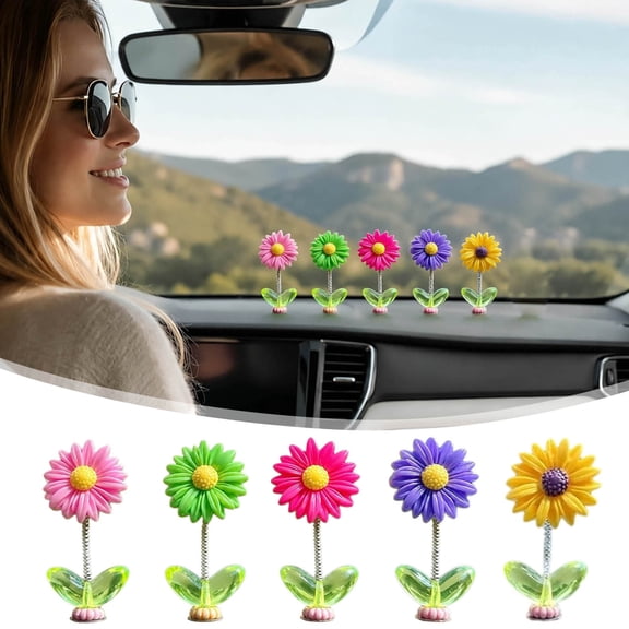 5pcs Colorful Wobbly Flower Car Ornament - Cute Spring Head Interior Decor for Rearview Mirror Dashboard & Desk B