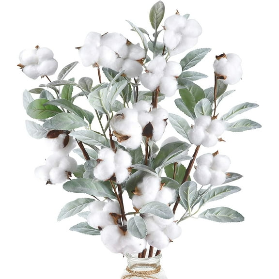 5pcs Cotton Stems 23.5" Artificial Cotton Flower Branches with Lambs Ear Leaves for Fall Home Farmhouse Style Floral Wedding Decoration