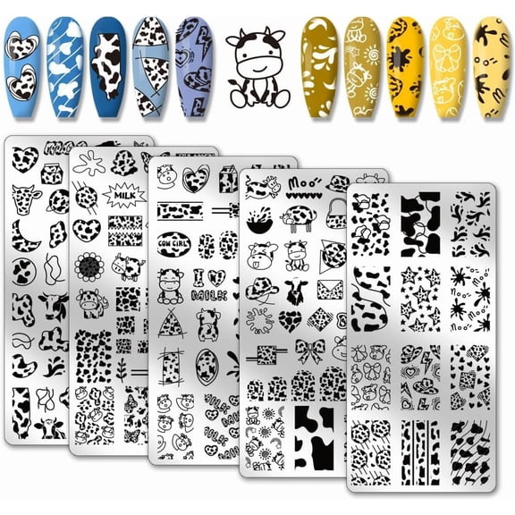 5pcs Cow-Theme Nail Stamping Plates Cute Animal Nail Art Templates Cow Spots Nail Art Stencils Nail Image Plates Leopard Print Nail Stamp for Women Nail Design Manicure Salon 4.7x2.3 Inch Mixed Color
