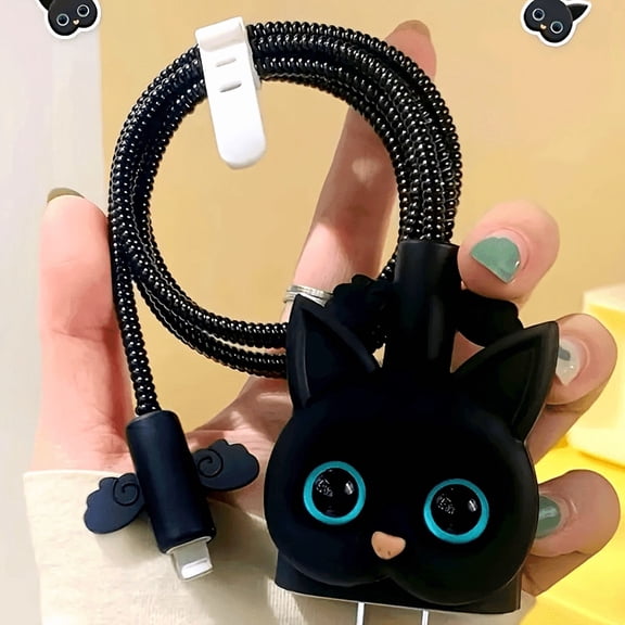 5pcs Creative Fashion Black Cat Protective Case Set, Compatible with Apple 20W for iPhone 12/13/14 Pro Max - Charging Cable Breakage Prevention Accessory Kit
