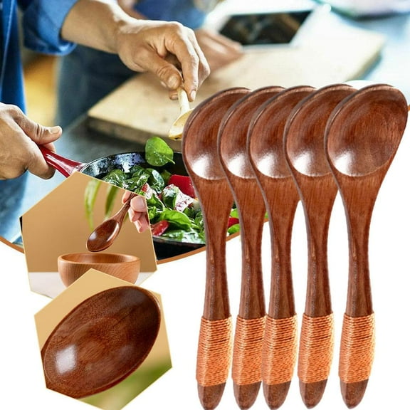 5pcs Creative Nanmu Wooden Spoon, Small Round Design for Desserts and Ice Cream, Eco-Friendly Kitchen Utensil