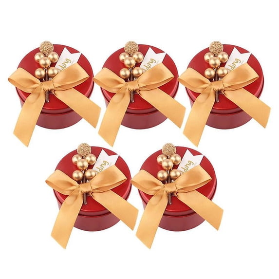 5pcs Creative Round Tinplate Box Sweet Packing Can Gift Box Exquisite Candy Jar For Wedding Party Size S (red Box Gold Beads Gold Bow)