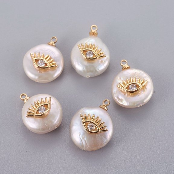 5pcs Cultured Freshwater Pearl Pendants with Brass Micro Pave Cubic Zirconia Cabochons with Eye Clear Golden 14~28x12~22x5~12mm Hole: 1.2mm