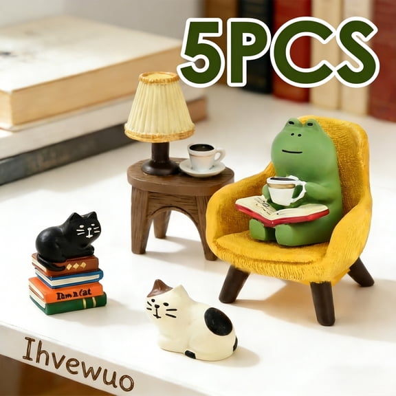 5pcs Cute Mini Frog and Cat Figurine for Office Home Decoration Ideal Cute Frog and Cat Gift Adorable Frog Collectibles for Desk and Bedroom Decor Indoor Home Decorations and Gifts