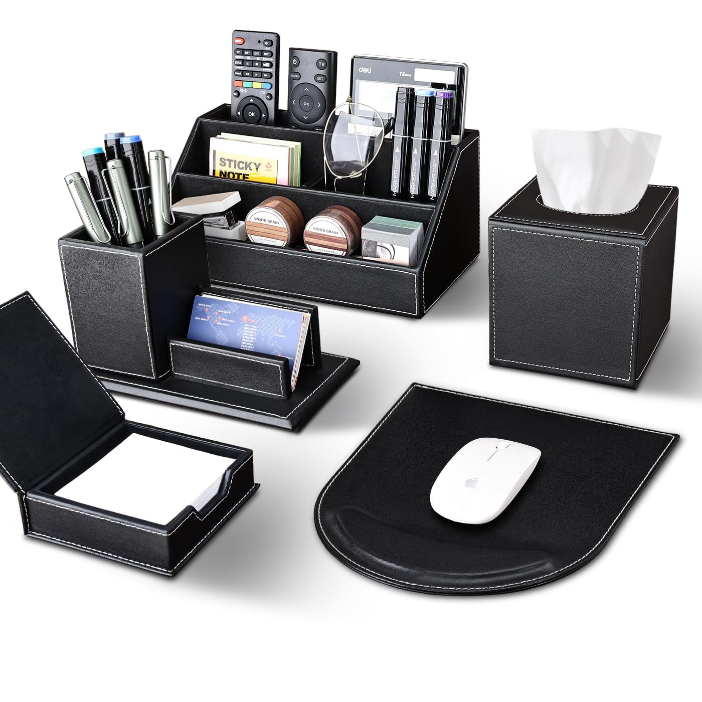 5pcs Desk Organizer And Accessories Set  Pu Leather Office Supplies With Multifunction Desktop Storage Box Tissue Holder Mouse Pad Note Paper Pencil For Black
