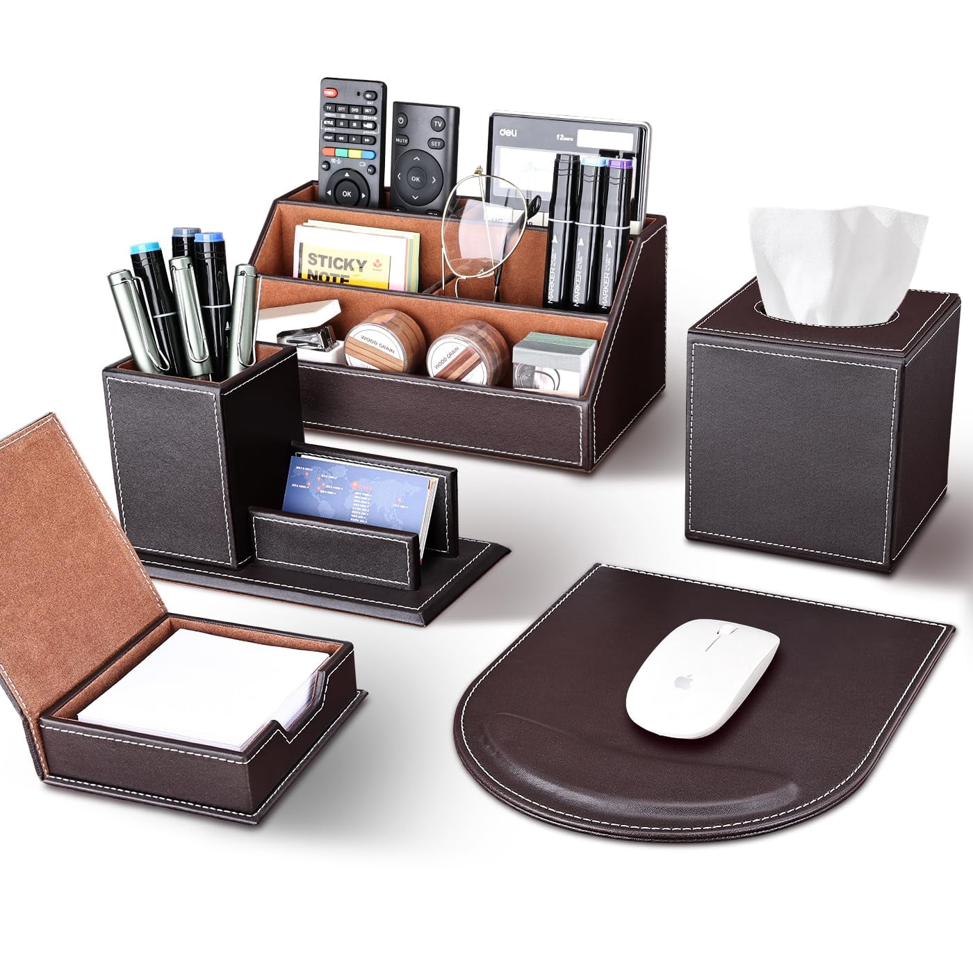 5pcs Desk Organizer And Accessories Set  Pu Leather Office Supplies With Multifunction Desktop Storage Box Tissue Holder Mouse Pad Note Paper Pencil For Brown