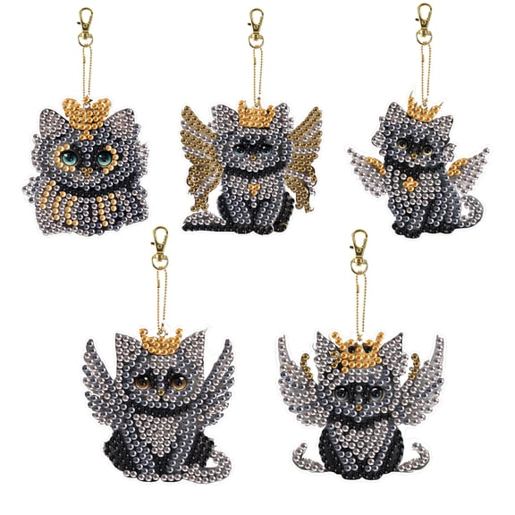 5pcs Diamond Painting Keychain Kit, Black Cat DIY 5D Sparkling Rhinestone Pendant Craft Kit, Perfect for Bags, Keys, or Gift Making