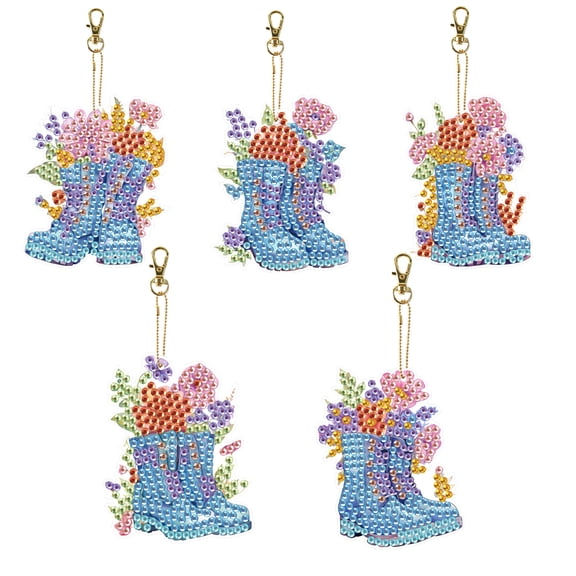 5pcs Diamond Painting Keychain Kit Flower Boots DIY 5D Sparkling Rhinestone Pendant Craft Kit Perfect for Bags, Keys, or Gift Making