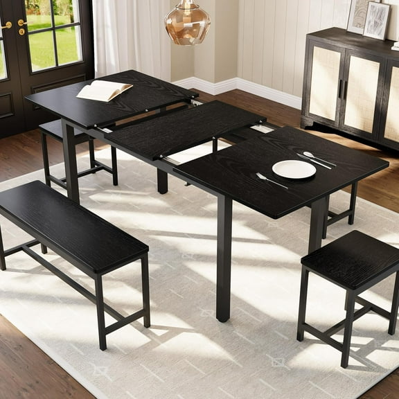 5pcs Dining Table Set for Big Family, 63"L Large Extendable Kitchen Table Set with 2 Benches & 2 Square Stools, Modern Industrial Dining Room Furniture Set for Dining Room, Kitchen, Easy Assembly