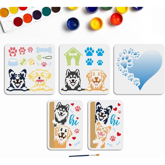 5pcs Dog Paw Print Heart Stencils 11.78.3/11.811.8inch Large Dog Pet Animal Stencils with Paint Brush Love Dog Bowl Bone Pet House Template DIY