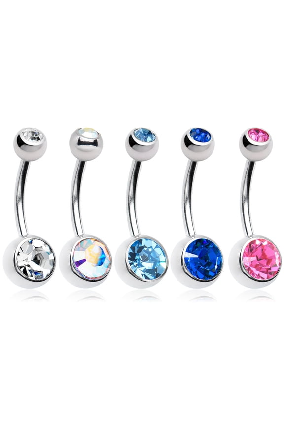 5pcs Double Jeweled Belly Rings - Genuine CZ Gems - 14ga 316L Surgical Steel