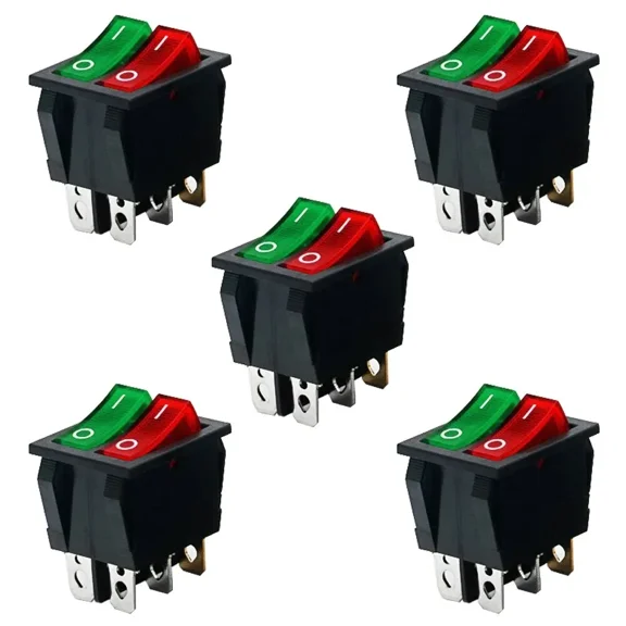 5pcs Double Red Light Rocker Switch 2*SPST On-Off 6 Pin 30x22mm 2 Way Boat Rocker Switch 110V/120V/250V KCD6