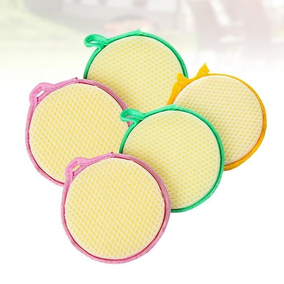 5pcs Double Sided Round Sponge Scouring Pad for Home Kitchen Dishwashing and Cleaning Random Color