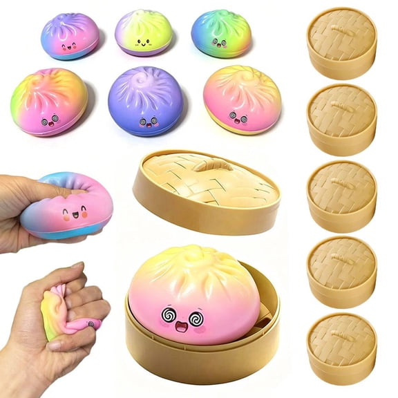 5pcs Dumpling Squishies, Glitter Dumpling Squishies, 2026 Upgraded Mystery Dumplings with Food Steamer Box - Random Mystery Gift Box, Dough Ball Stress Relief Hand Toys