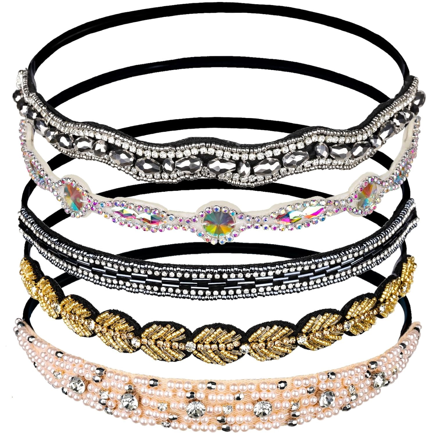 5pcs Elastic Rhinestone Beaded Headbands, Jeweled Head Bands for Women's Hair, Hair Headbands Hat Bands for Women Girls
