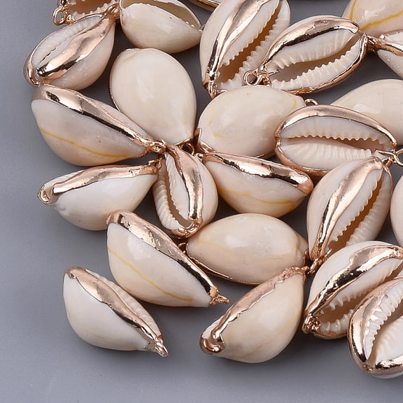 5pcs Electroplate Cowrie Shell Pendants with Iron Findings Golden Seashell color 22~29x12~19x10~12mm Hole: 1.6mm DIY