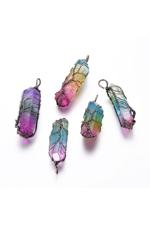 5pcs Electroplate Quartz Big Wire Wrapped Pointed Pendants with Brass Findings Red Copper Colorful 45~77x12~22x10~20mm Hole: 4~7mm
