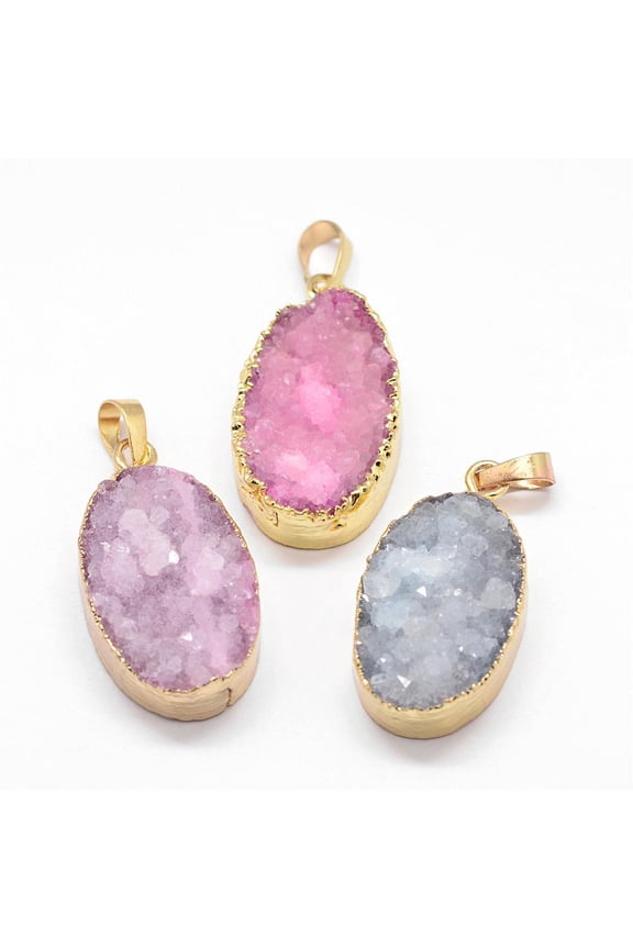 5pcs Electroplated Natural & Dyed Druzy Agate Pendants with Golden Plated Brass Findings Oval Mixed color 33x18x9mm Hole: 8x5mm