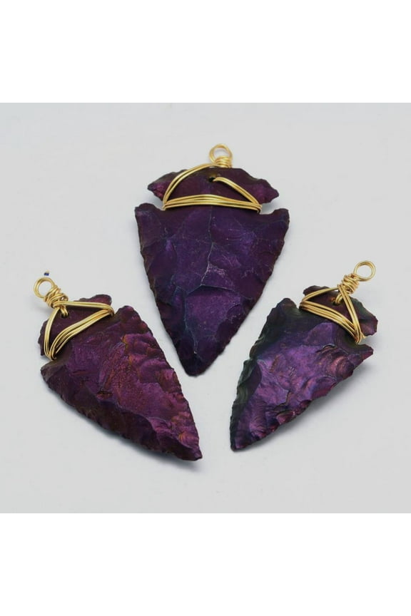 5pcs Electroplated Quartz Big Pendants with Brass Finding Arrowhead Golden Purple 47~72x20~32x6~12mm Hole: 4mm