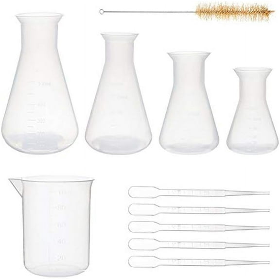 5pcs Erlenmeyer Flasks Plastic Flask Conical Flask Narrow Neck Flasks Graduated 50ml 100ml 250ml 500ml and 1pc Plastic Measuring Cup
