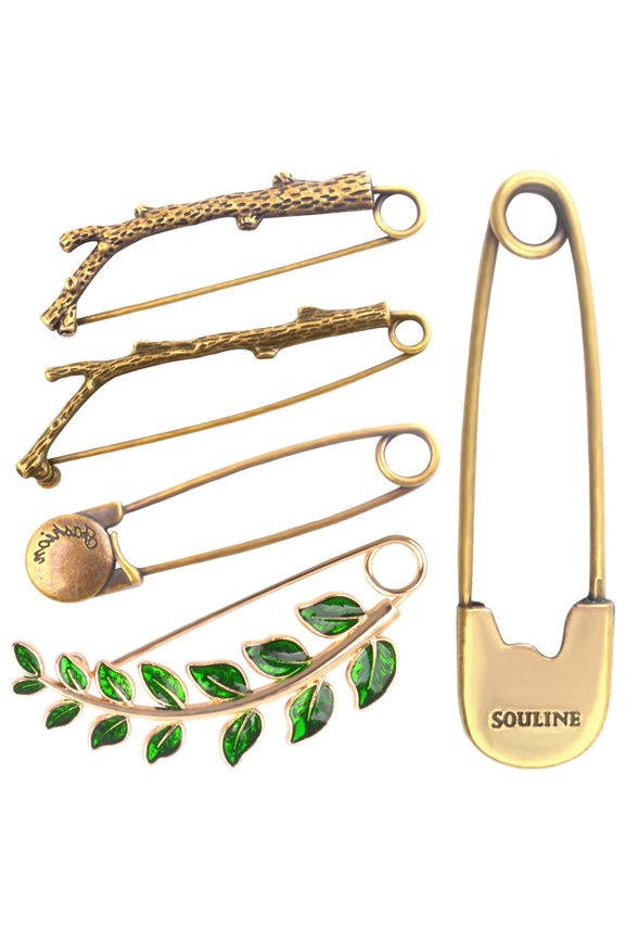 5pcs Extra Large Decorative Safety Pins Vintage Alloy Leaf Feather Brooch Big Sweater Lapel Pins Accessories for Shawl Scarf Dress Skirt Hat Coat Cloak Cardigan, 5 Styles