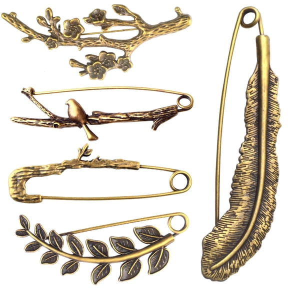 5pcs Extra Large Decorative Safety Pins Vintage Alloy Leaf Feather Brooch Big Sweater Lapel Pins for Shawl Scarf Dress Skirt Hat Coat Cloak Cardigan, 5 Style
