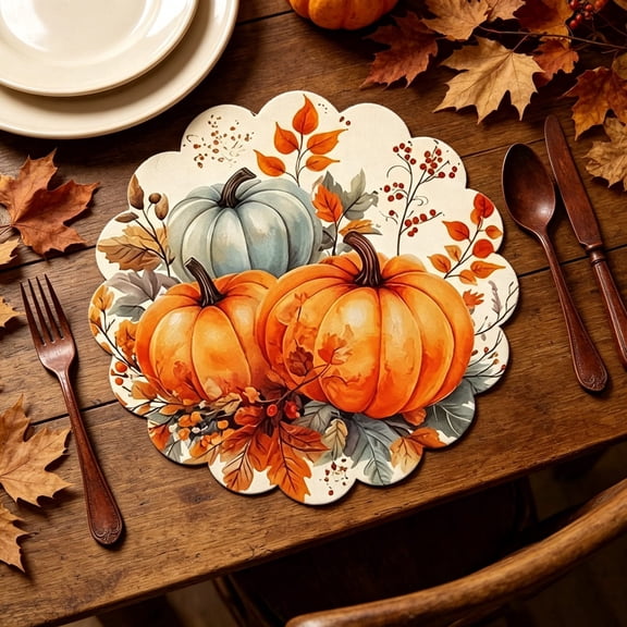 5pcs Fall Pumpkin & Maple Leaf Seasonal Placemat, Waterproof Anti-Fouling Fabric, Thanksgiving & Halloween Themed Print, Decorative Table Mat for Kitchen Dining Room Autumn Party & Home Festive Decor