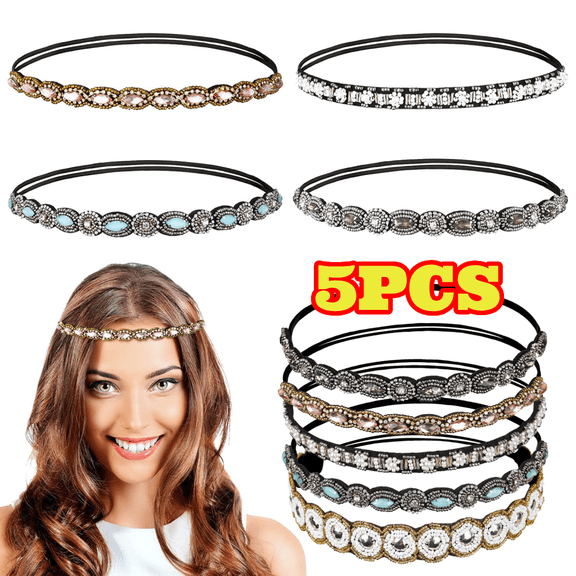 5pcs Fashion Headbands for Women, Rhinestone Beaded Head Bands, Handmade Crystal Beaded Elastic Hairbands, 20 - 26.8 inch