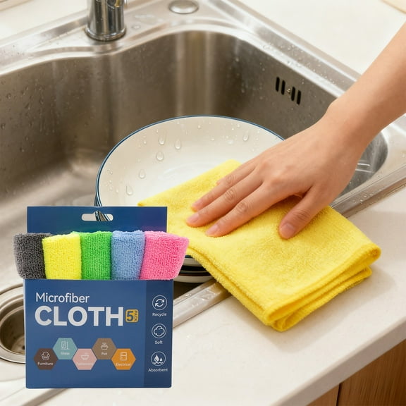 5pcs Fine Fiber Cleaning Cloth - Absorbent Lint-Free Kitchen Dishwashing Cloth, Multifunctional Scouring Pad for Wiping Glass Dishes Surfaces, Reusable Cleaning Rags, 12*12in, Multicolour