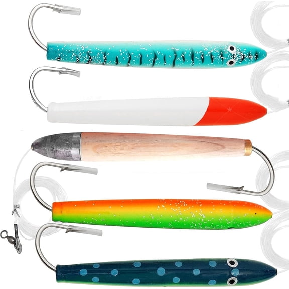 5pcs Fish WOW! 6" Fishing Cedar Plugs Rigged Tuna Mahi Trolling Wood Lure - 5 Colors