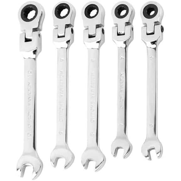 5pcs Flex Head Ratcheting Wrench Set, Metric 6-10mm Spanner Gear Ring Ratcheting Combination Wrenches Kit, 180° Head, 72 Tooth, Box End and Open End Wrench for Tight Spaces(Silver)
