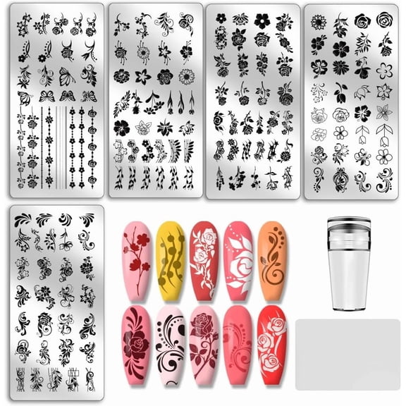 5pcs Flower Nail Stamping Plates Rose Nails Art Stencils Swirl Pattern Nail Art Templates Butterflies Naisl Design Stamp Plate with Stamper and Scrape