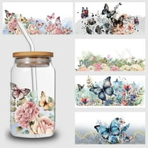 5pcs Flowers Butterfly DIY UV DTF Transfer Stickers for Glass Cups, Waterproof Decals, Plastic Self-Adhesive Labels for Bottles and Cups Decoration