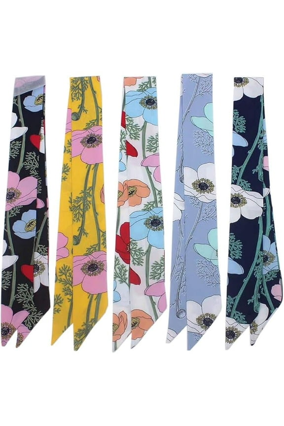 5pcs Flowers Pattern Bag Handbag Handle Ribbon Scarf Hair Head Band Neck Scarf Neckerchief Scarf Head Wrap for Women Girls Decoration