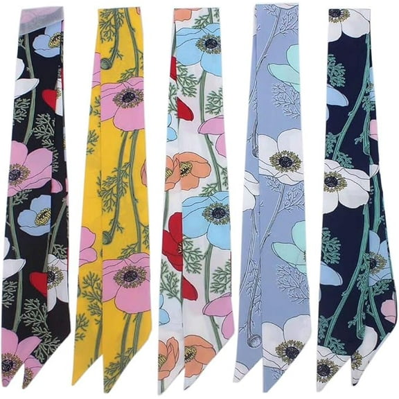5pcs Flowers Pattern Bag Handbag Handle Ribbon Scarf Hair Head Band Neck Scarf Neckerchief Scarf Head Wrap for Women Girls Decoration
