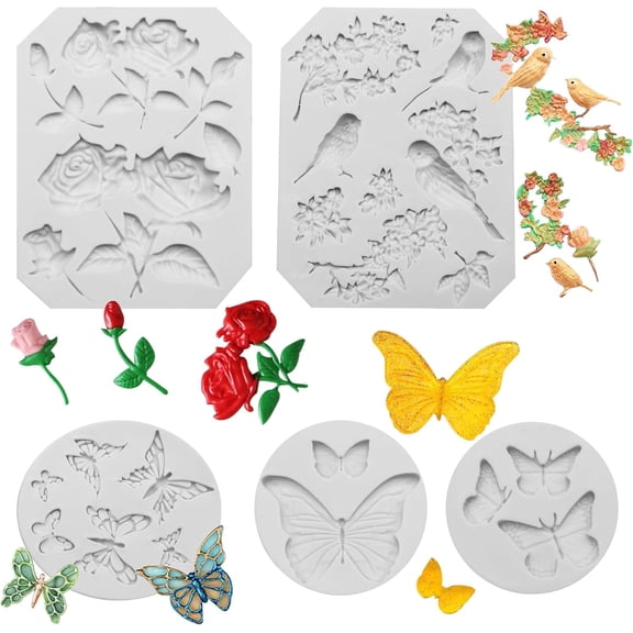 5pcs Flowers Silicone Molds, Butterfly Birds Resin Fondant Molds, for Making Chocolate Jelly Clay Soap Crafting DIY Projects and Cake Decorations