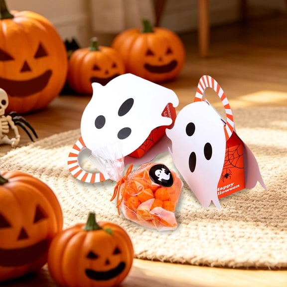 5pcs Foldable Halloween Pumpkin Handheld Paper Boxes, Portable Ghost Candy Treat Gift Containers, Party Favor Boxes for Sweets/Trick/Treat/Holiday Party/Classroom Reward Supplies, White