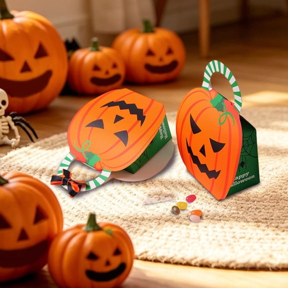 5pcs Foldable Halloween Pumpkin Handheld Paper Boxes, Portable Ghost Candy Treat Gift Containers, Party Favor Boxes for Sweets/Trick/Treat/Holiday Party/Classroom Reward Supplies, Orange