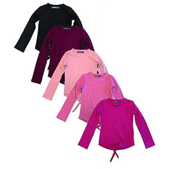 5pcs Girls Kids Long Sleeve Shirt Set with Tie Front Cotton Crew Neck Soft Fabric Many Colors Size 4-16