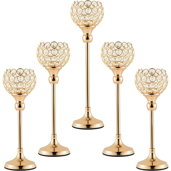 5pcs Gold Crystal Candle Holders,Wedding Candlestick Centerpeices,Home Dinning Room Table Dcor Candle Holders
