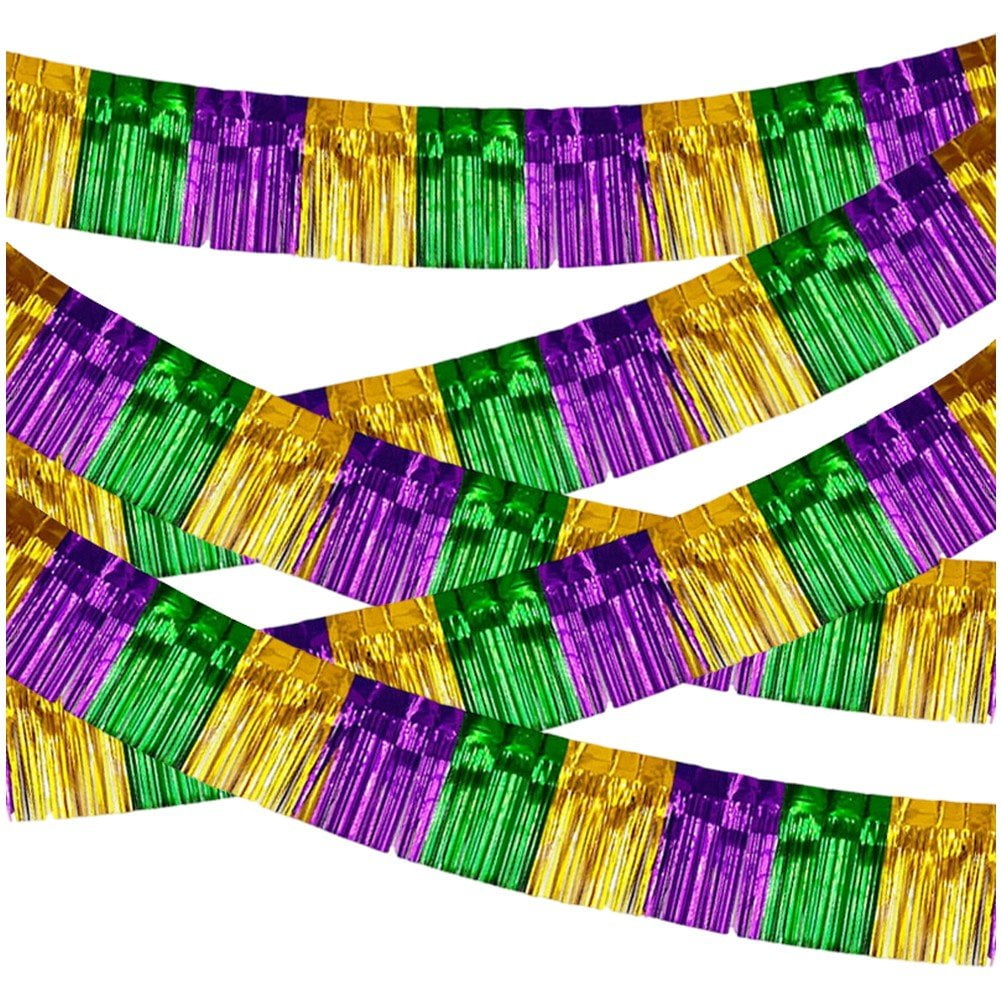 5pcs Green Gold Purple Foil Fringe Garland Metallic Tinsel Streamers Banner Fringe Backdrop Banner for Parade Floats Mardi Gras Birthday Party Homecoming Decoration