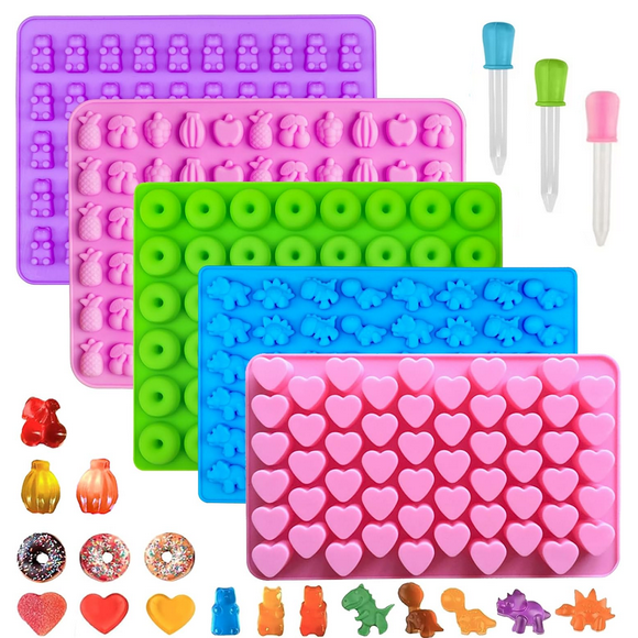 5pcs Gummy Bear Candy Molds Silicone, Gummy Molds Non-stick Chocolate & Sweet Moulds High Heat with 3 Droppers