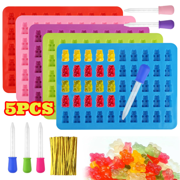 5pcs Gummy Bear Mold with 5 Pipettes, 100 Twist Bars, Gummy Bear Silicone Molds, Reusable Candy Molds for Ice Cube, Chocolate, Jelly, Candy