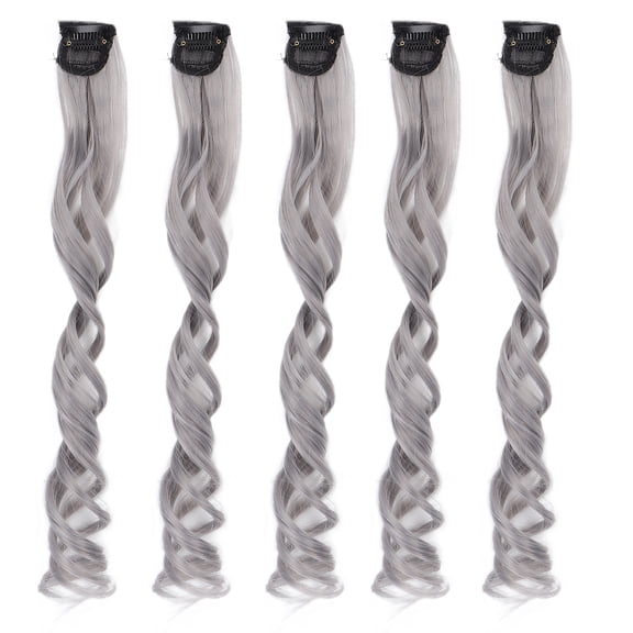 5pcs Hair Extensions Highlights Curly Clip In White Tea Gray Hairpiece, 21.7 in / 55 cm Long