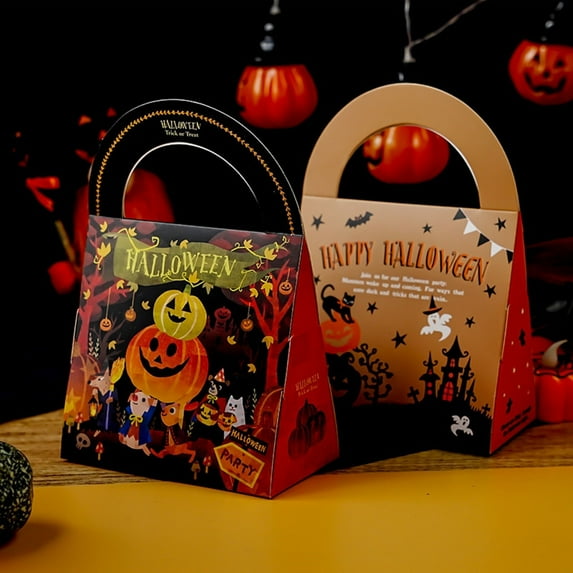 5pcs Halloween Candy Tote Boxes & Wrapping Bags - Portable Storage for Candies, Cookies & Nougat, Festive Halloween Design, Ideal for Trick-or-Treating, Party Favors & Home Snack Storage, G