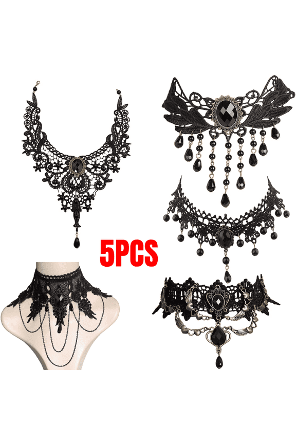 5pcs Halloween Sexy Jewelry for Women Elegant Goth Gothic Steampunk Lace Choker Necklace Black Neck Chain Collar Statement with Pendant Victorian Wedding Party Cosplay