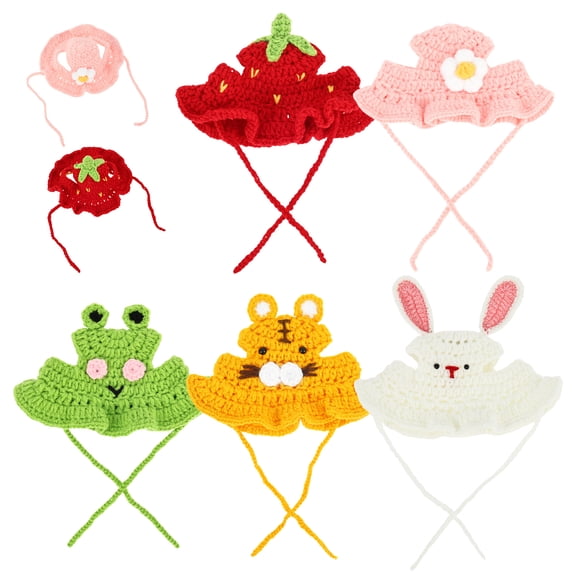 5pcs Handmade Knitted Cat Hats Cute Dog Hats Frog Strawberry Pink Flower Tiger Rabbit Funny Cap with Adjustable Cord for Cats Dogs Small Pets Birthday Costume Accessories