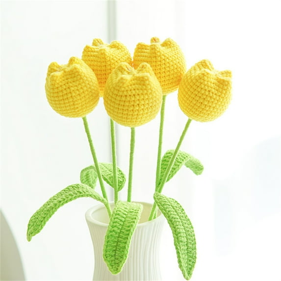 5pcs Handmade Knitted Tulip Flower,Happon Knitted Crocheted Tulip Cotton Knitting Artificial Tulip Flower Handmade Fake Tulip Flower for Home Decor, Wedding Bouquet, Birthday Gift